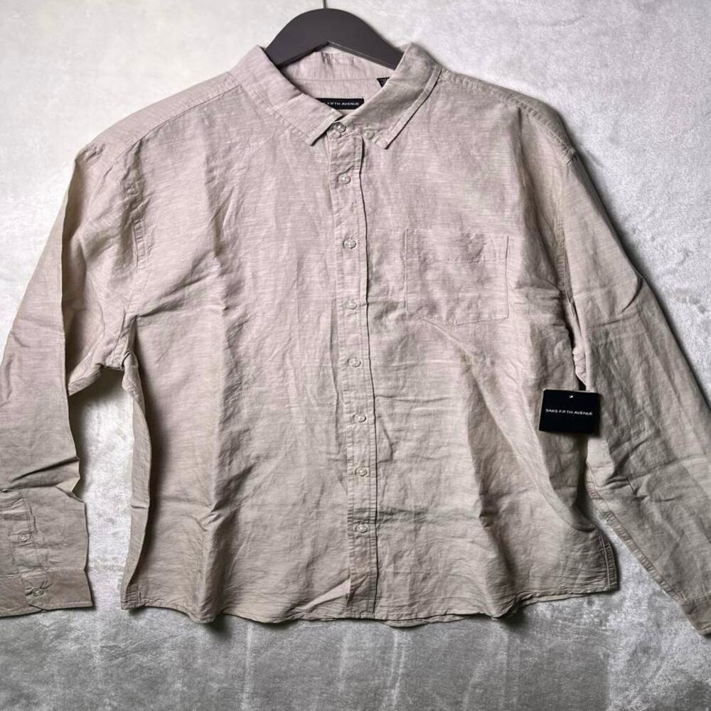 NWT Saks Fifth Ave Linen Button Up Shirt Mens XL Beige Classic Staple Minimalist